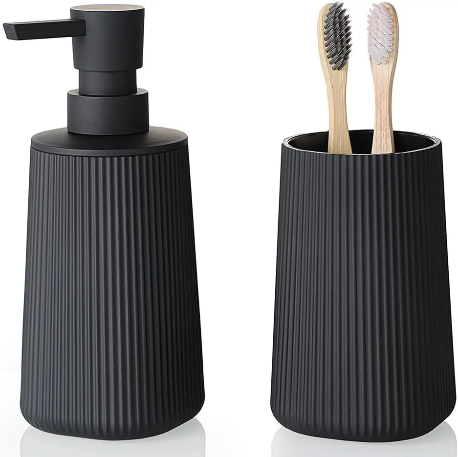Bathroom Accessories Set 2 Piece Soap Dispenser and Toothbrush Holder for Bathroom Countertop Striped Black