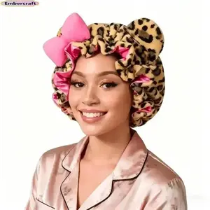 Leopard Print Teddy Bear Satin Sleep Bonnet for Women, Cute Coquette Hair Protection Cap with Adjustable Fit & Pink Bow, Soft Satin-Lined Sleep Hat for Overnight Hair Care & Night Routine