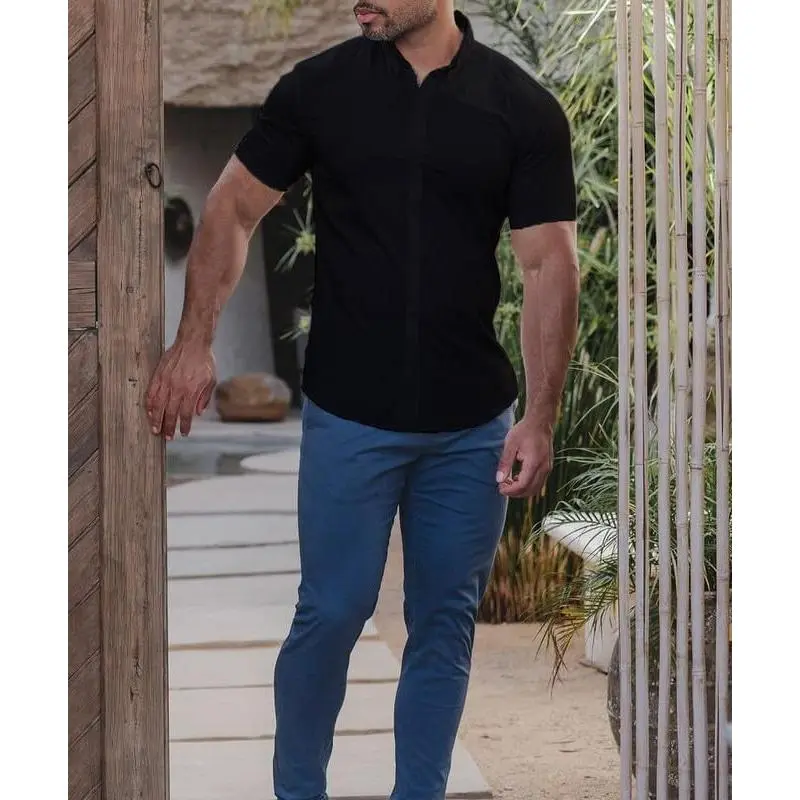 Men's Muscle Fit Dress Shirts Athletic Slim Fit Short Sleeve Stretch Casual Button  Down Shirt - TikTok Shop