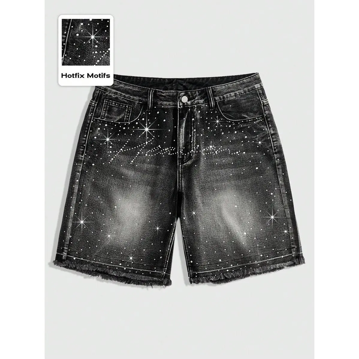 Men's Gothic Denim Bermuda Shorts with Galaxy Print, Casual Skinny Fit with Distressing, Rhinestones, and Pockets, Natural