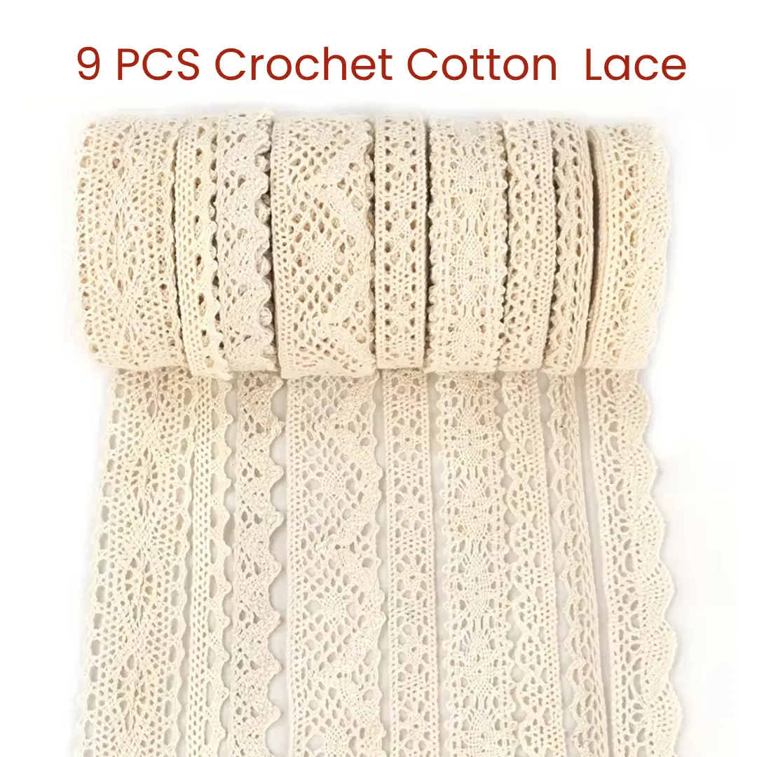 IDONGCAI 45 Yards Vintage Beige Eco-Friendly Reusable Crochet Lace Ribbon Set – Elegant & Exquisite Decorative Cotton Trims, 9 Styles for Wedding Décor, Gift Wrapping, Sewing & DIY Crafts