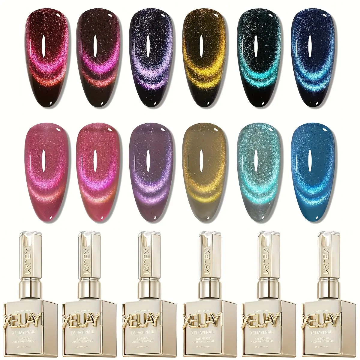XEIJAYI 6PCS 15ml 【TPO & HEMA Free】 Dopamine Cat Eye Gel Nail Polish Set, 6-Color Ultra-Bright Magnetic Effect with Sparkling Glossy Finish, Soak-Off LED Gel for DIY Manicure, Nail Art Design & Salon Use, Spring/Summer Style