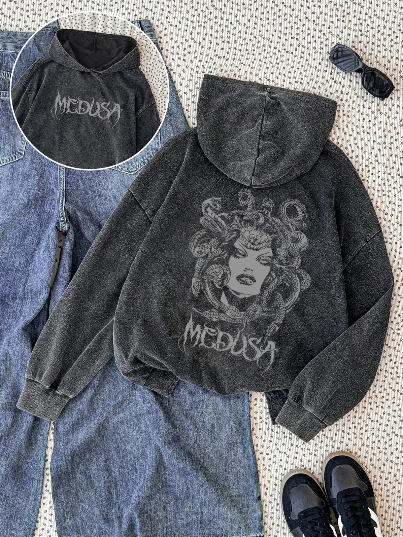 Women's Washed Vintage Hoodie Sweatshirt with Medusa Graphic Print, Comfortable Casual Loose-Fit Long Sleeve Top, Spring & Fall Daily Wear