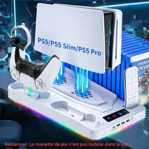 Ps5 Slim Pro Cooling Station, Vertical Stand with Dual Controller Charger, 16 Game Slots, RGB Lights, USB Ports, Headset Holder