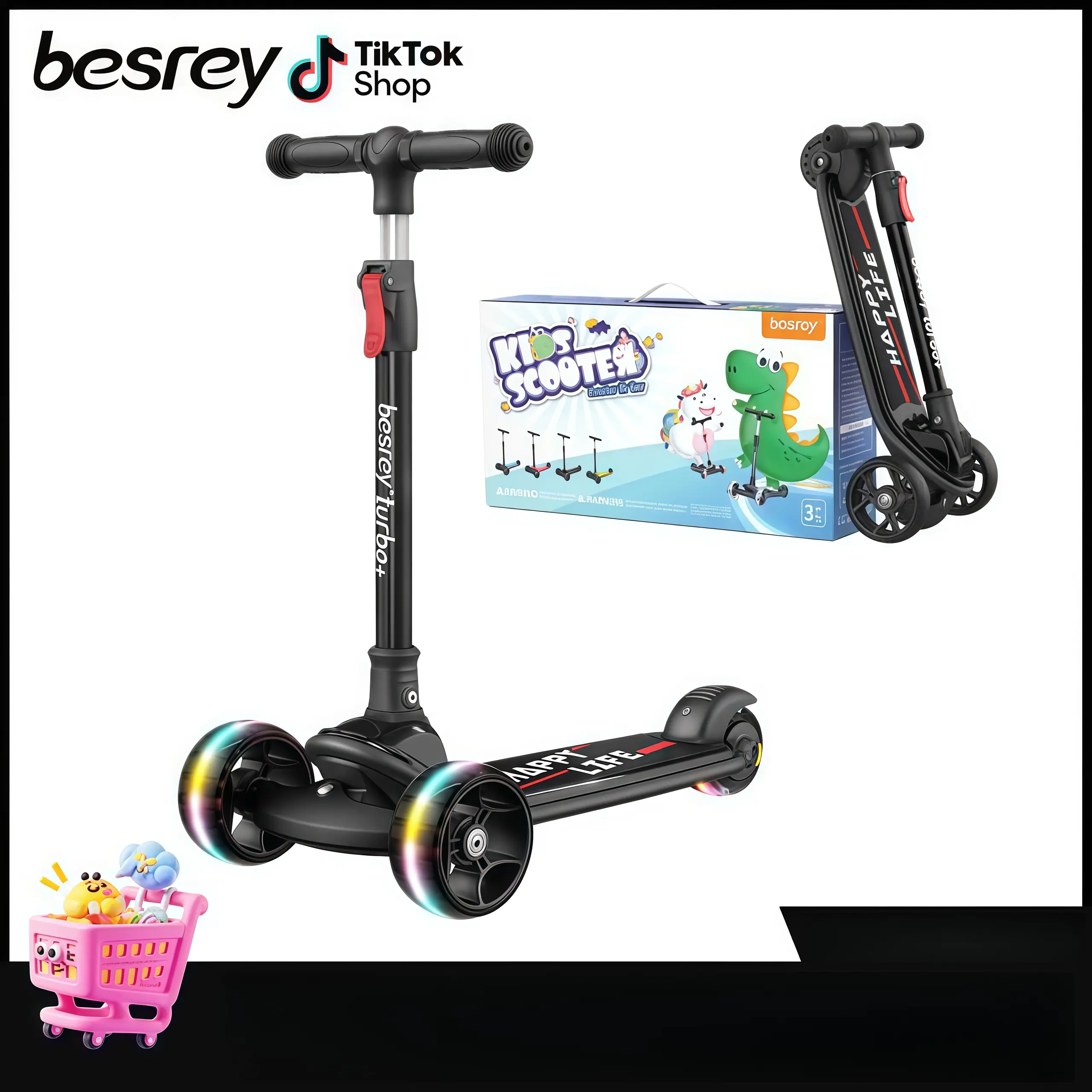 Besrey Kids Foldable Scooter, Toddler Outdoor Play Toy with Adjustable Height Handlebar, Flashing Wheel Lights, Shock Absorption, Tilt Steering for Balance Training, Ages 3-12 Boys & Girls, Sports, Unisex, Kids Scooter, 3-12 Year Old