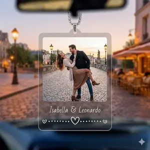 Personalized Couple Car Ornament – Custom Photo & Names Acrylic Rearview Mirror Gift for Anniversary