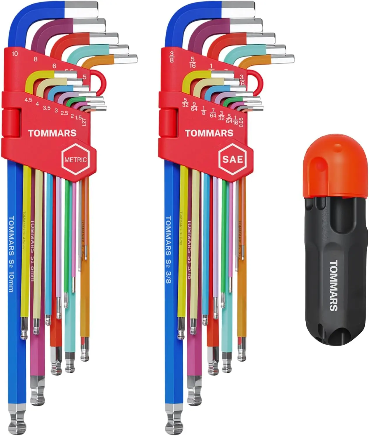 26-PC S2 Steel Hex Key Set - Magnetic Ball End T-Handle Allen Wrenches, Color-Coded Extra-Long Arm, Metric & SAE Sizes (SAE: 0.05-3/8", Metric: 1.27mm-10mm, inches/mm)