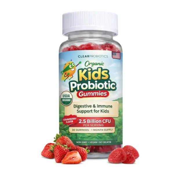 Kids Organic Probiotic Supplement Gummies - USDA Strawberry Flavor, 2.5B CFU DE111 Bacillus subtilis, Vegan, Clean Ingredients, Plant-Based Digestive Gut Health & Immune Support, 1 Daily Serving