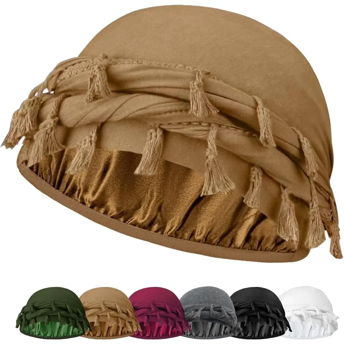 Satin Lined Halo Turban with Twisted Tassel for Men & Women, Adjustable Head Wrap for Hair Protection & Calmer Sleep Nights, Men's Accessories, Durag, Covers Scalp For Calmer Sleep Nights, Sleeping Wear