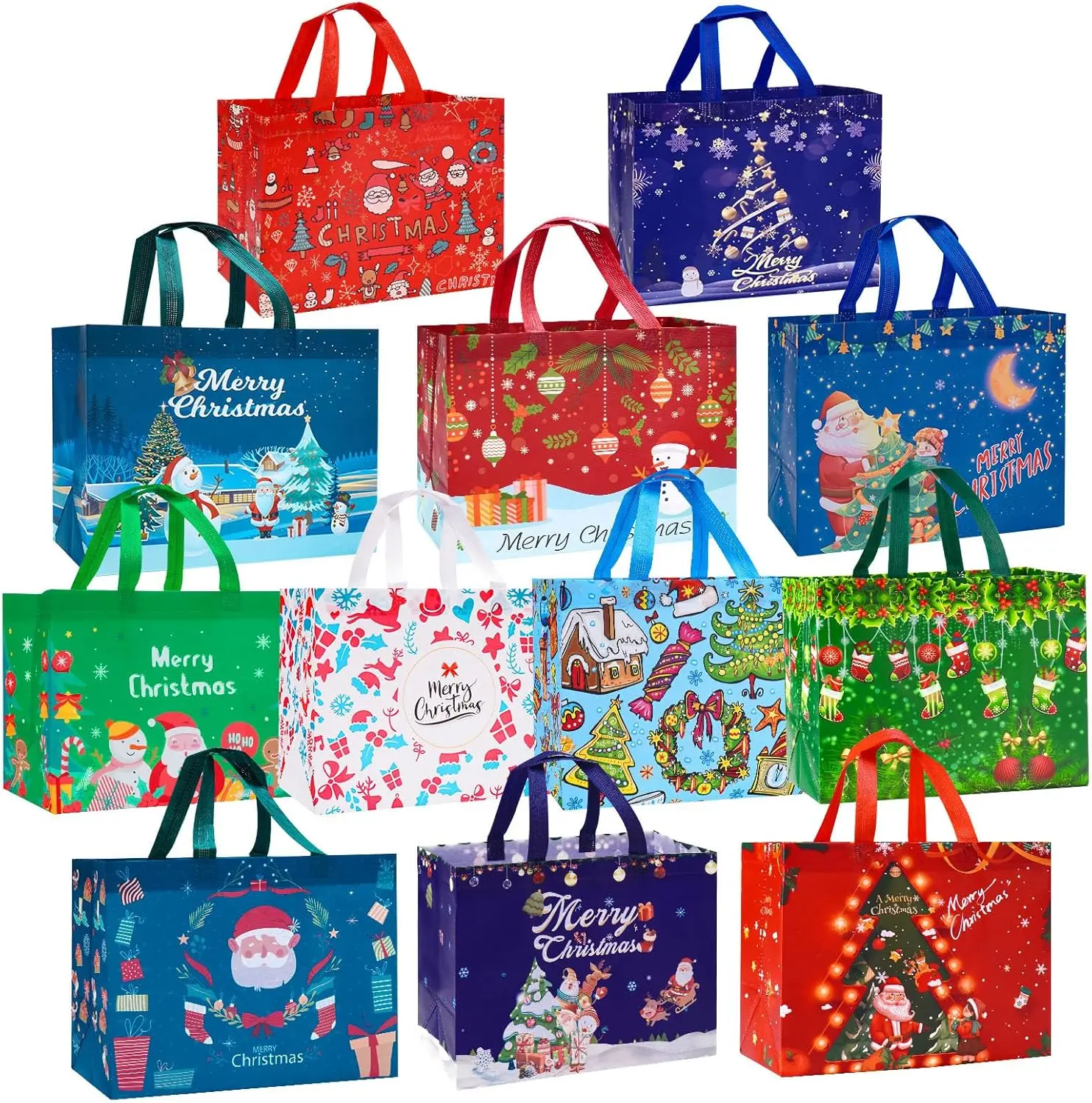 12 Pack Happy New Year Gift Bags Large Reusable Tote Bags, Non-Wove Bags for New Year's Shopping, Christmas Surprise, Xmas Party Supplies,12.8"×9.8"×6.7"
