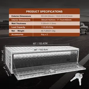 VEVOR Underbody Truck Box, 60×24×24 Pickup Storage Box, Heavy Duty Aluminum Diamond Plate Tool Box with Lock and Keys, Waterproof Trailer Storage Box with T-Handle Latch for Truck, Van, Trailer