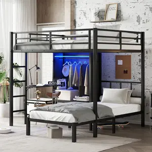 Full XL Over Twin Metal Bunk Bed with Folding Desk and LED Closet, Space-Saving Noise-Reduced Design for Kids Teens Bedroom, Black, No Box Spring Needed, Heavy Duty Steel Frame, Easy Assembly, Bedroom Furniture for Bedroom, Guest Room