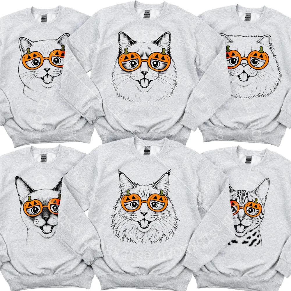 Custom 50+ Cat Breeds Halloween Sweatshirt, Cute Witch Pumpkin Glasses Cat Graphic Sweater, Funny Spooky Season Cat Lover Sweatshirt, Cozy Unisex Fall Halloween Shirt - AL