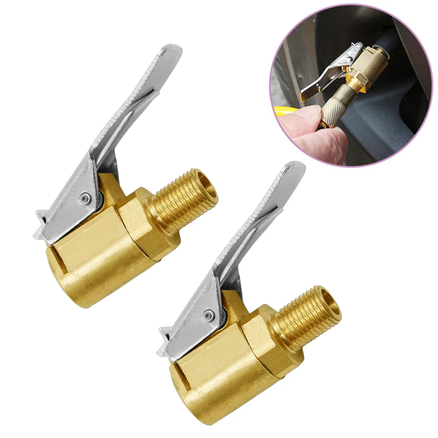 Brass Lock-On Tire Air Chuck Adapter, Open Flow Clip-On Inflator Hose Connector, Threaded Screw-On to Clip-On Air Chuck for Car, Motorcycle, Bike Tires & Air Compressors, 2 Pcs