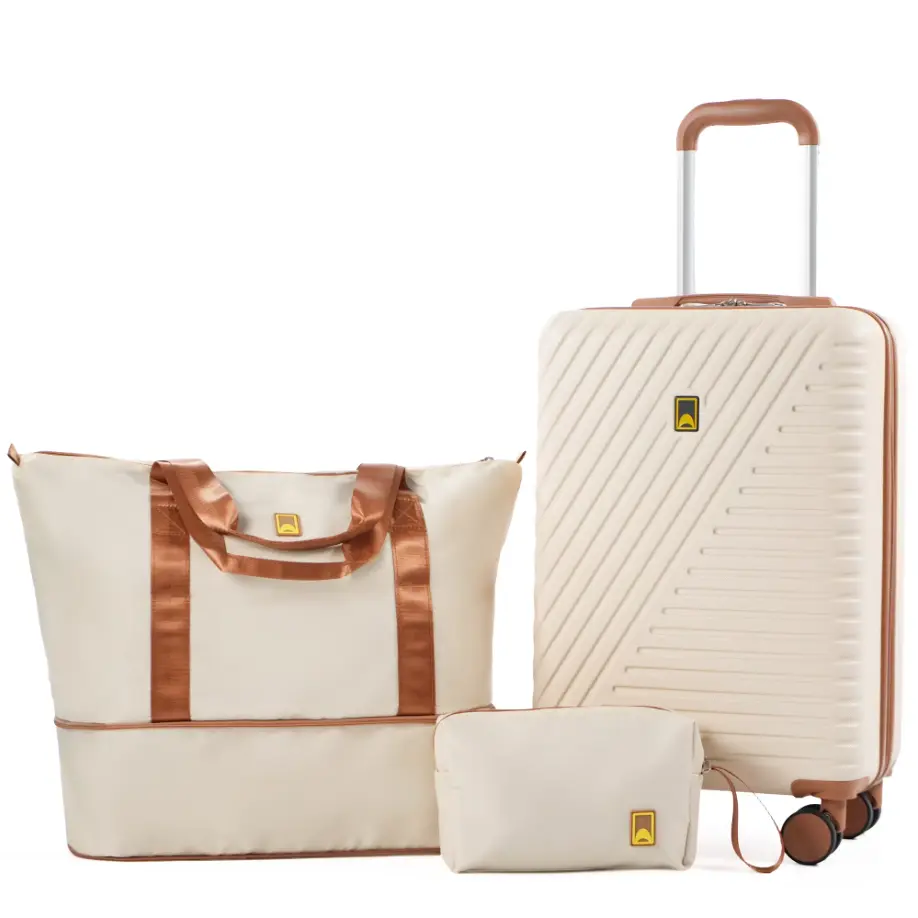 3 Piece Carry on Luggage Sets, Hardside Suitcase Set with Double Spinner Wheels, Expandable Travel Bag and Toiletry Bag, White