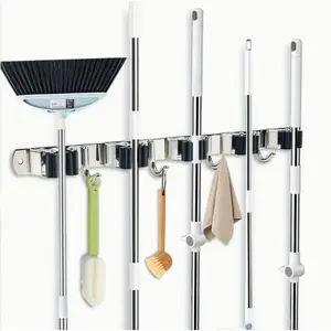 5-Slot & 4-Hook Wall-Mounted Mop and Broom Holder Heavy-Duty Stainless Steel Organizer for Kitchen Garden Laundry Room & Garage Self-Adhesive Non-Slip Storage Rack