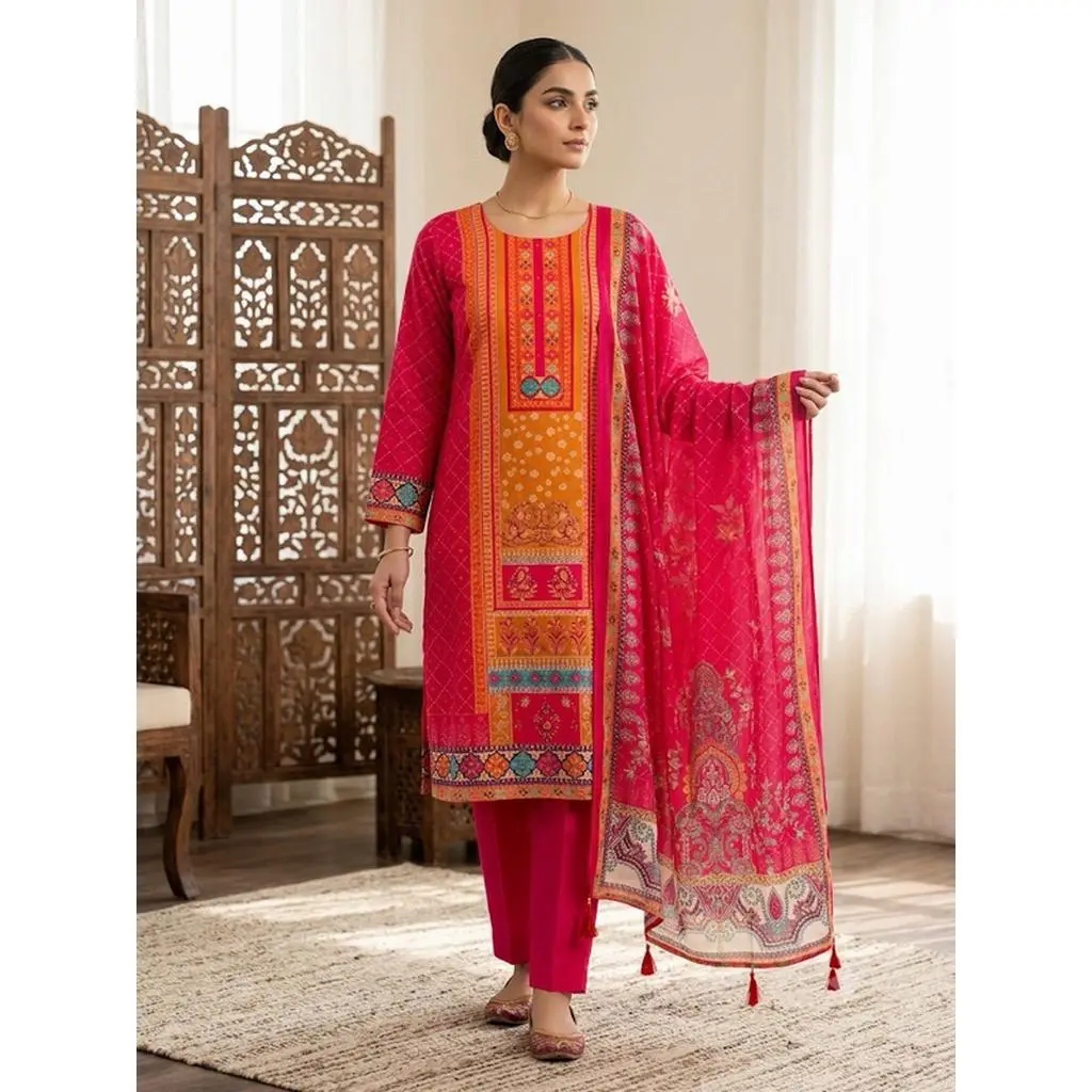Women's Vibrant Pink 3-Piece Printed Kurta Set Traditional Ethnic Suit with Straight Trousers & Tassel Dupatta Festive Indian Party Wear M-38" L-40" XL-42" XXL-44"