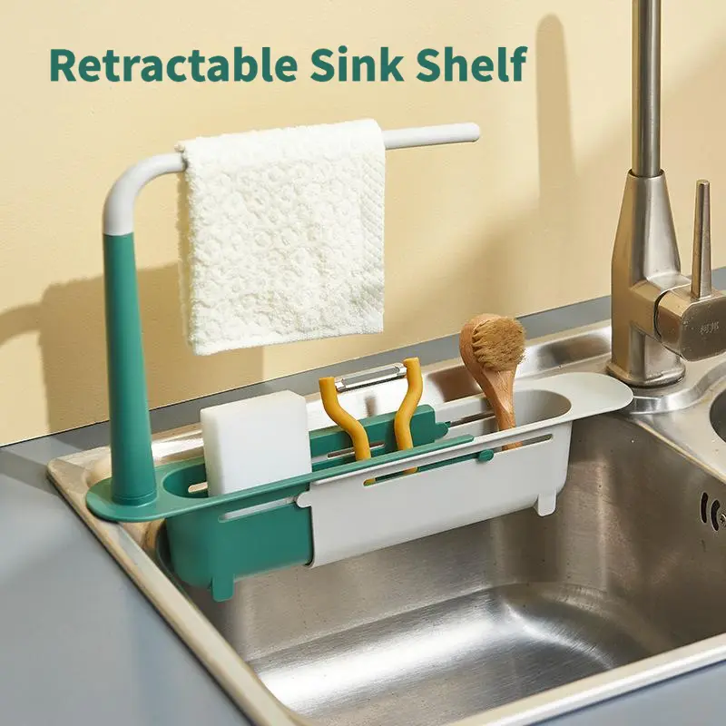 1PCS Thickened PP Sink Organizer - Home Supplies with Flexible Retractable,Expandable Sink Caddy, Adjustable-Length Design, Expandable Towel Holder, Hollow Draining Structure, Easy Installation for Deep Single Bowl Sinks, Cleaning Use, Bathroom