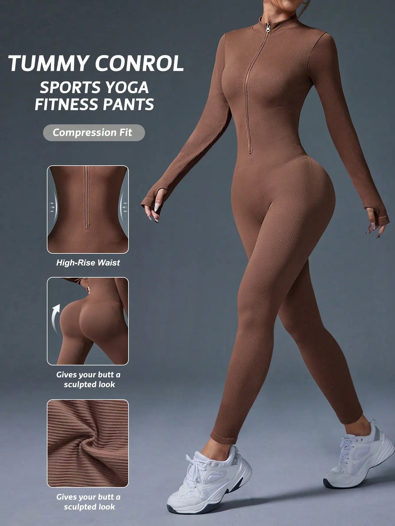 Ladies' slim fit sports jumpsuit, with a tight waist design, unique tailoring, pure color, suitable for indoor and outdoor wear, is a fashionable sportswear for gyms and various sports activities.