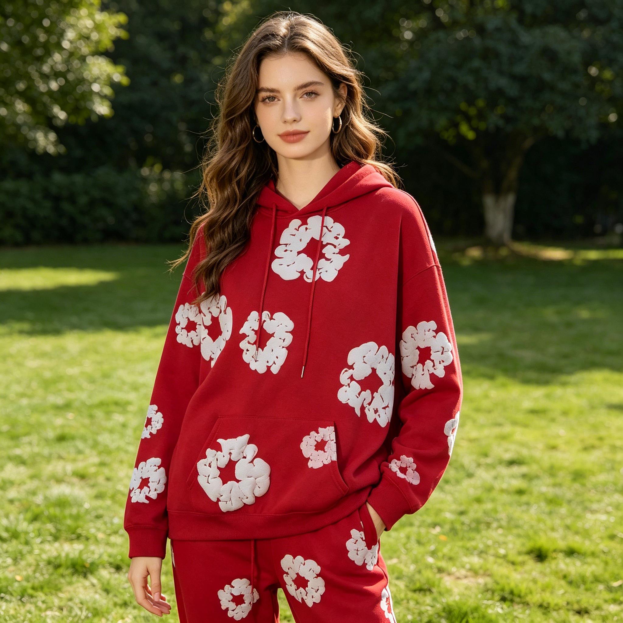 Denim Tears Hoodie 2-Piece Set Women's Casual Outfit Hooded Tracksuit 2-Piece Set Unisex | Running Sportswear Long Sleeve Hoodie + Joggers Set with Puffy Print Kapok Loose Denim Pants