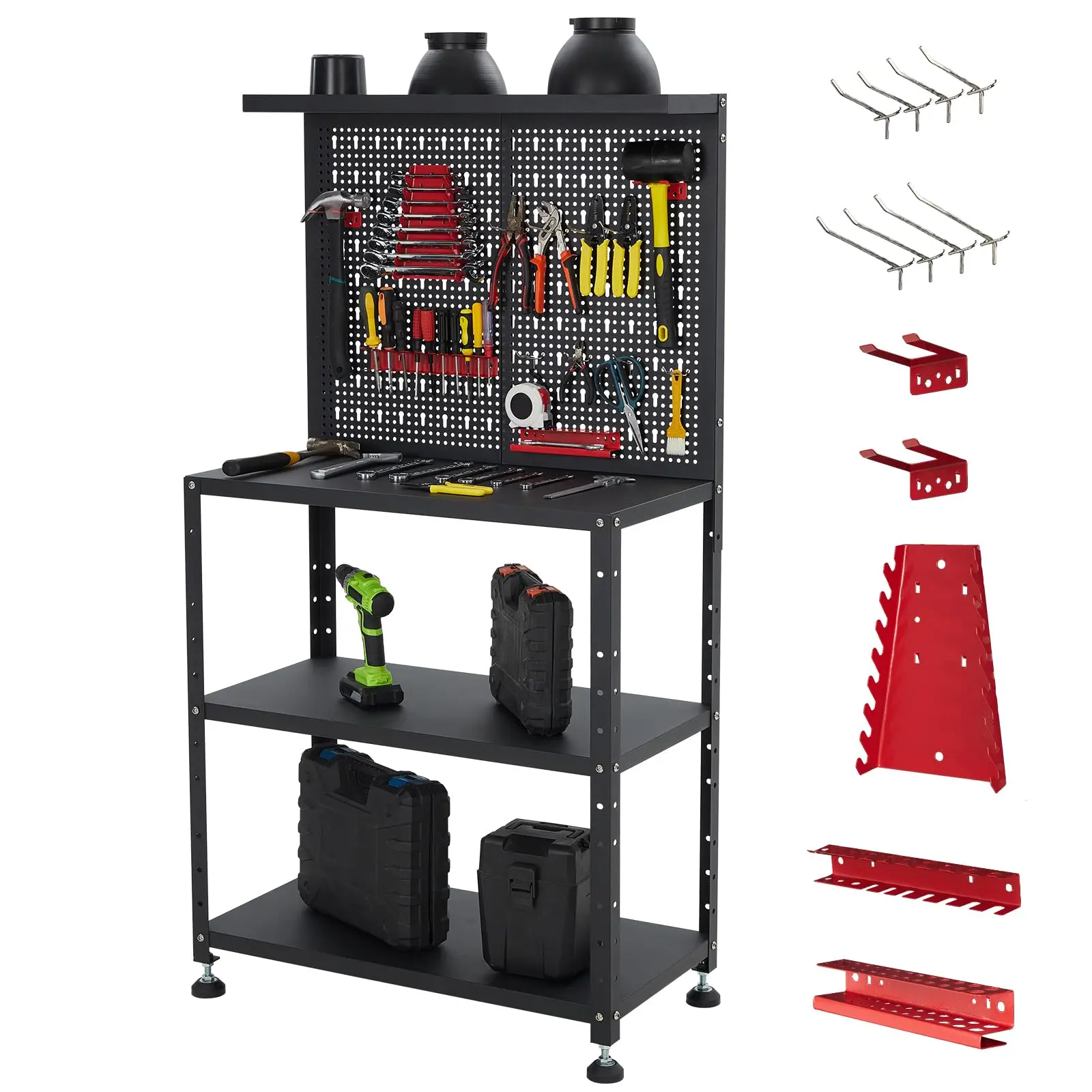 Garvee 32" Heavy-Duty Steel Workbench, 650 LBS Capacity Workstation with 2-Tier Storage Shelves & 14 PCS Hanging Kits, Multipurpose Tool Workstation for Garage and Workshop