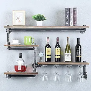 39.37in Rustic Metal Floating Bar Shelves Wall Mounted,Industrial Pipe Shelf Wine Racks with 4 Stem Glass Holder,Steampunk Pipe Shelving Wood Shelves,Farmhouse Wall Shelf Kitchen Wine Holder
