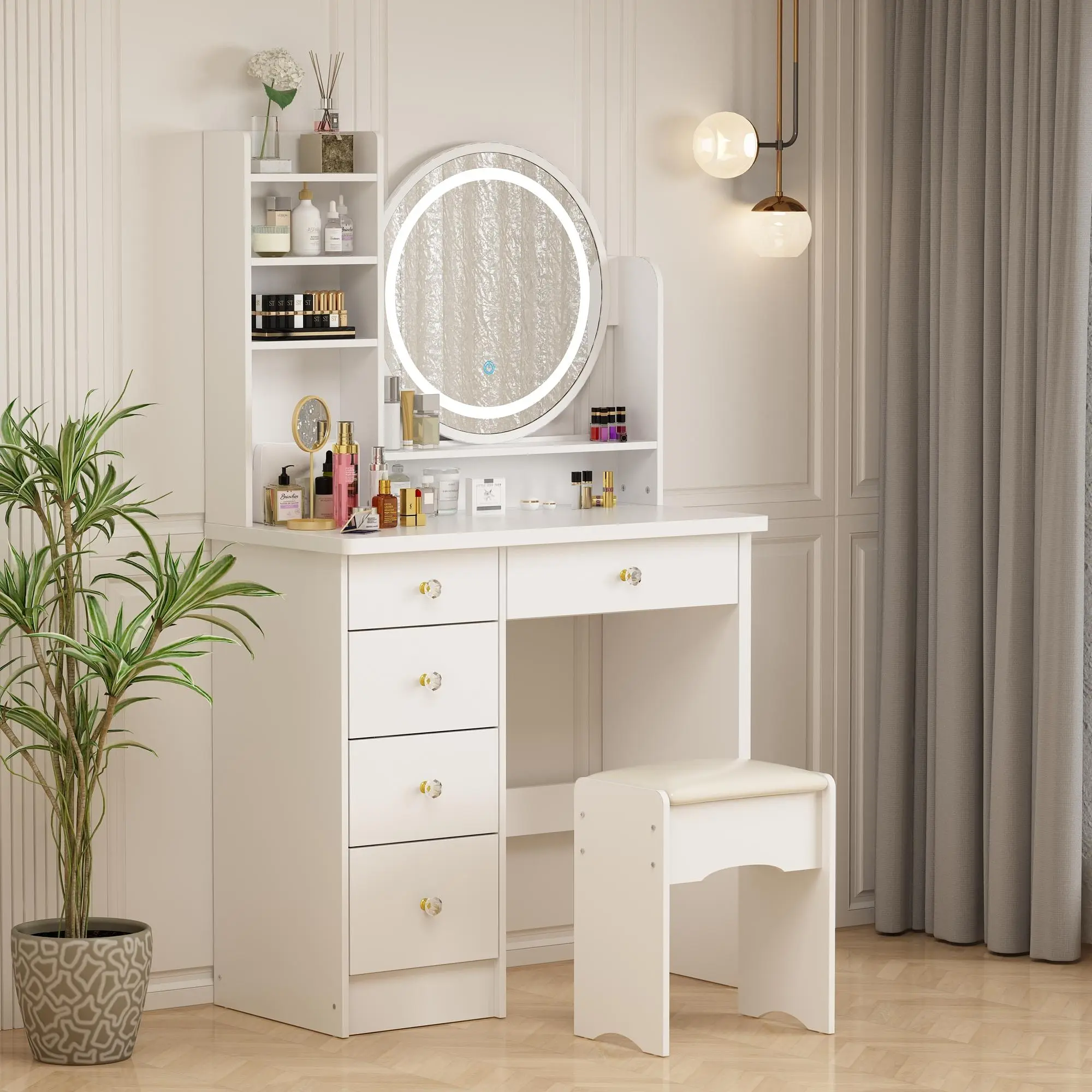 FUFU&GAGA Upgraded Crystal Handle Vanity Desk Set with Mirror, Lights, Cushion Stool - Adjustable, 3 Lighting Modes, 5 Drawers, Shelves, Vanity & Makeup Organization, 31.5”(w)x15.7”(d)x53.1”(h), Assembly Required, for Bedroom, Vanity Organization, Dresser