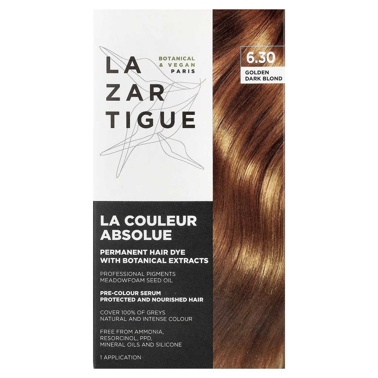 Lazartigue Permanent Hair Dye with Botanical Extracts, 6.30 Golden Dark Blond, 1 Application