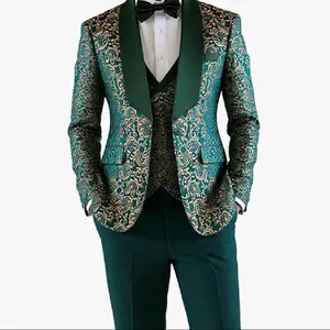 Men's Green Brocade Tuxedo Suit with Gold Embroidery, Shawl Lapel, and Matching Vest for Formal Events