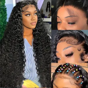 Lemoda 210% Density 13x4 Full Frontal Lace Wigs 12A Curly Human Hair Wig 13X4 HD Transparent Frontal Wig Deep Wave Wig Human Hair Pre Plucked Curly Lace Front Wigs Human Hair Wet and Wavy Wig summerwins