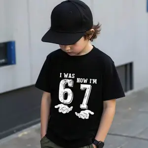 Toddler Boys' Cotton Short-Sleeve Round Neck T-Shirt - Minimalist "67" Graphic Print, Fitted Figure Cut, Slight Stretch, 7th Birthday Gift ("I Was 6, Now I'm 7"), Spring/Summer Outing Top for 7-Year-Olds