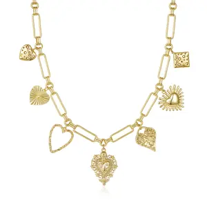 KISSYAN Gold Heart Charm Necklace for Women, 14K Gold Plated Paperclip Link Chain Jewelry with Multiple Heart Pendants, Layered Fashion Necklace Gift