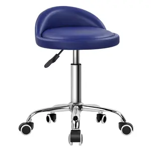 KKTONER Modern PU Leather Upholstery Round Rolling Stool - Height-Adjustable Swivel Chair with Backrest, Wheels for Drafting, Work, SPA Tasks (Blue)
