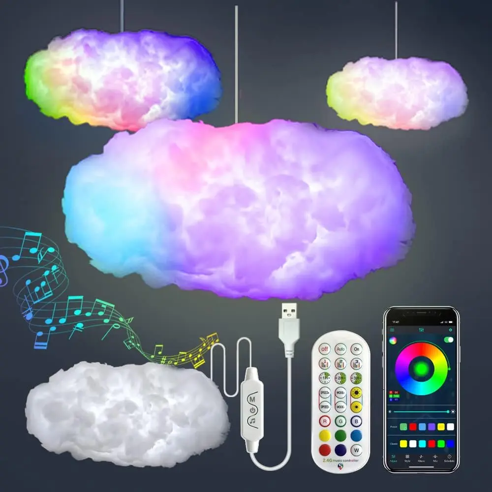 3D Big Cloud lightning Light Kit Music Sync Warm White Multicolor lightning Changing Strip Lights 360 Degree Wireless Remote APP NO DIY Coolest Decorations for Adults and Kids Indoor Home Bedroom, Kindergarten, Window