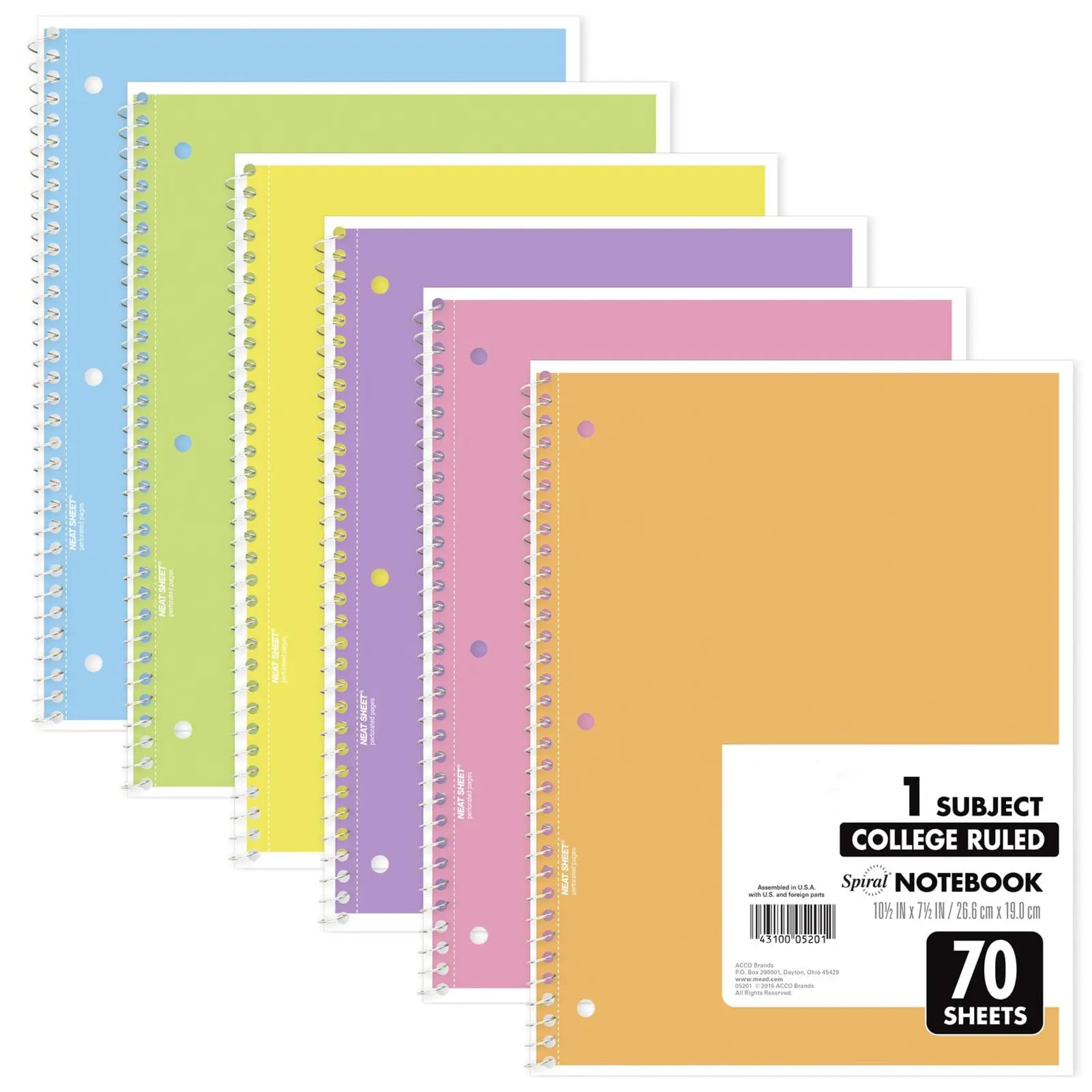Spiral Notebooks, 6 Pack, 1-Subject, College Ruled Paper, 8" x 10-1/2", 70 Sheets, Assorted Pastel Colors