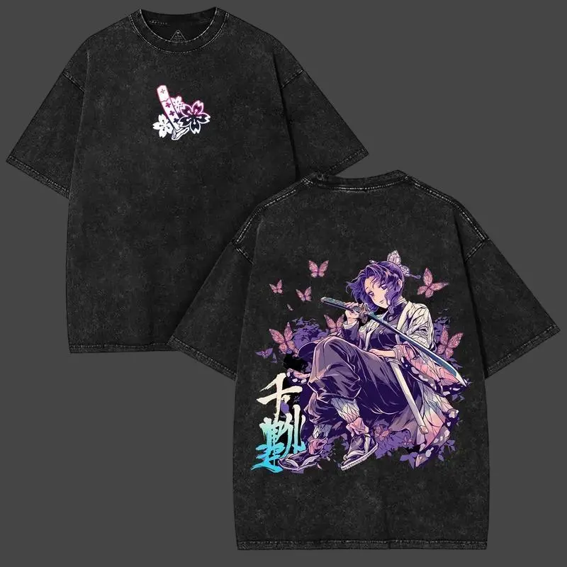 Unisex Anime T-Shirt with Shinobu Kocho Butterfly Back Graphic, Oversized Vintage Streetwear Fit, Washed Distressed Short-Sleeve Design, Shortsleeve, Menswear, Crewneck, Round Neck, Top, Tshirt, Casual Fit