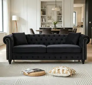85.5" Velvet Chesterfield Sofa with Rolled Arms - Indoor Living Room Furniture for Apartment, Office