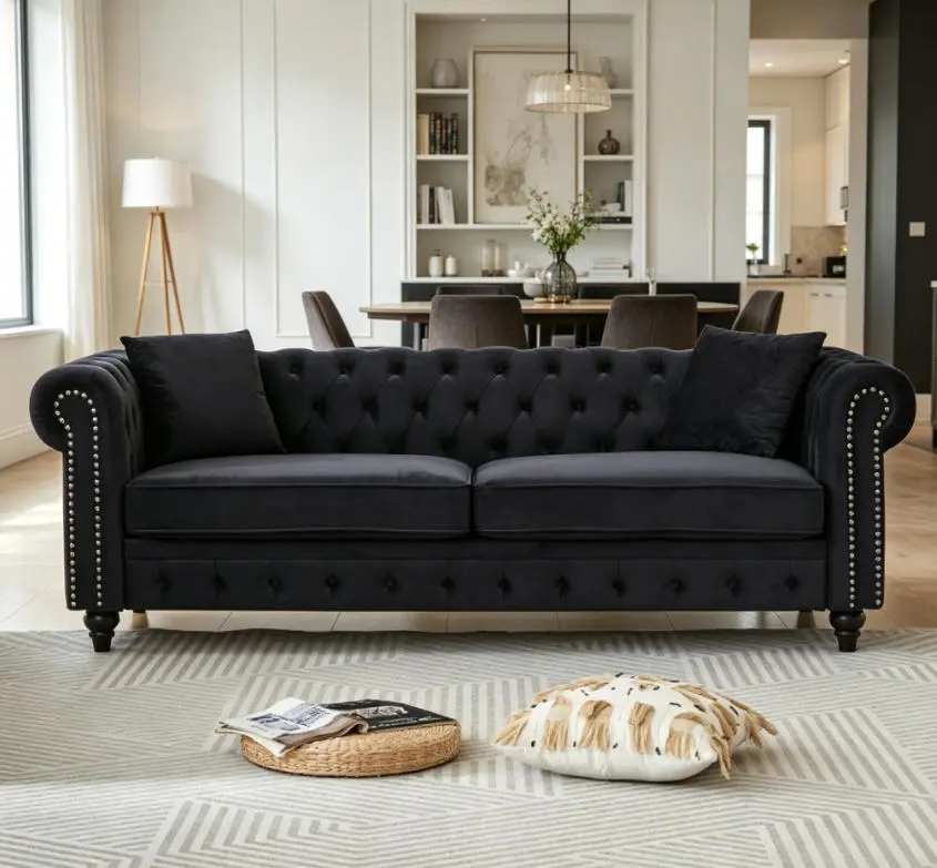 85.5" 3-Seat Velvet Fabric Chesterfield Sofa with Rolled Arms - Solid Wood Frame, Indoor Living Room Furniture, Sofas Living Room for Apartment Use, Three Seats