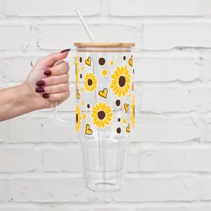 Sunflowers & Hearts 40oz Glass Tumbler with Lid and Straw, Iced Coffee Drinkware, Gift for Her, Acrylic Tumbler, water bottle for women, floral tumbler, Elegant Bottle, Insulated Sports Bottle