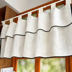 1 Piece, Nordic Minimalist Linen-Look Hanging Strap Short Curtain, Beige Semi-Transparent Half Curtain with Black Edged Double Layer Design, Easy Hanging Strap Rod Top, Privacy Curtain for Living Room, Balcony, Bay Window and Cabinet