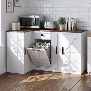 Corner Cabinet with Countertop,Large Kitchen Pantry Cabinet with Hidden Trash Storage Cabinet & 3-Tier Spice Rack,Farmhouse L-Shaped Sideboard with & Doors & Adjustable Shelf for Dining Room