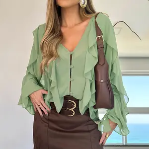 ChicMe 2026 Women's V Neck Shoulder Asymmetrical Ruffles Blouse Casual Button Front Long Sleeve Top Elegant Chiffon Womenswear