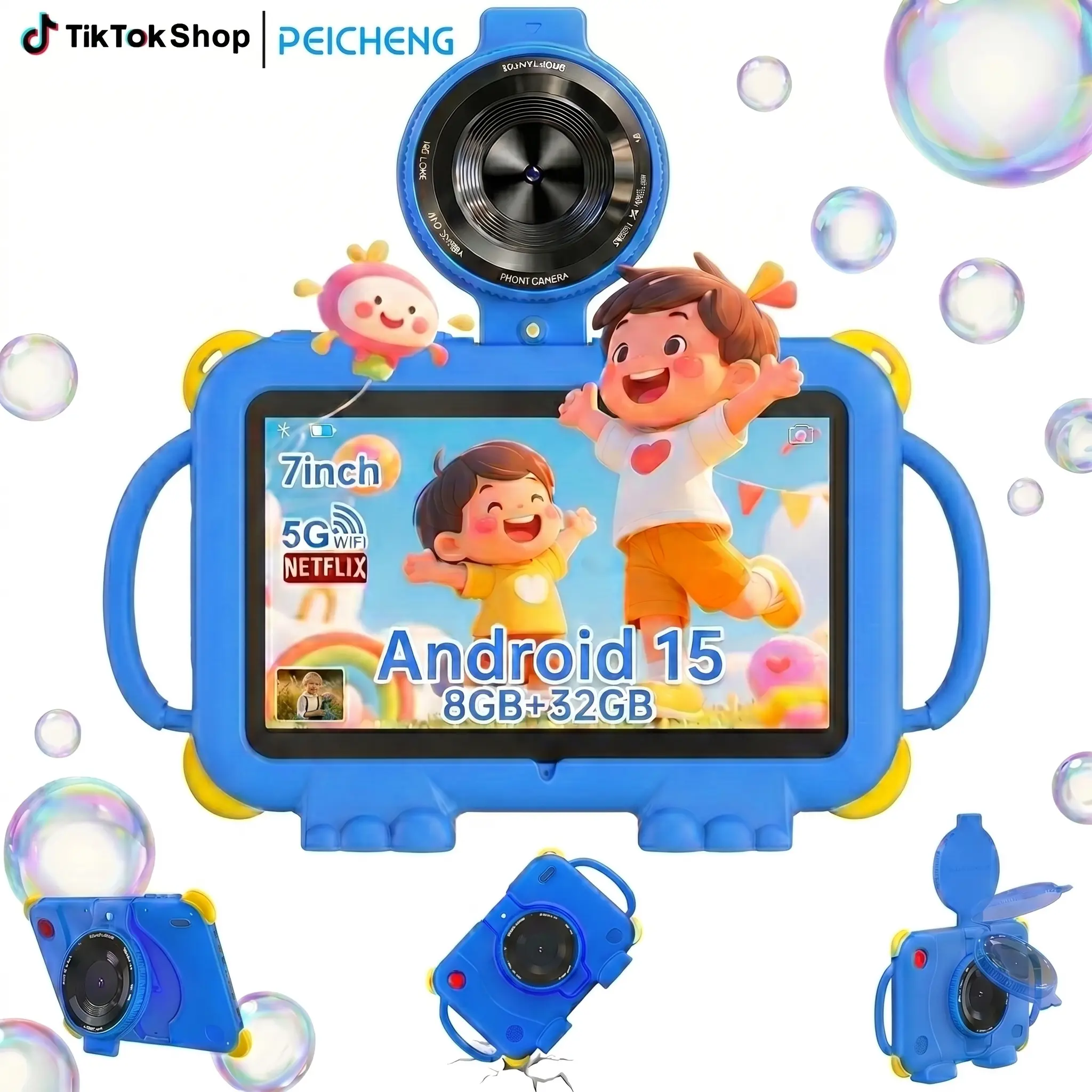 PEICHENG 7-in Kids Learning Tablet, Android 15, 8GB (3+5) RAM, 32GB ROM (1TB Expandable), Touchscreen, Protective Case, Front-Facing Camera, Audio, Animal, Button, Digital, USB, Back-to-School Gift for Boys/Girls