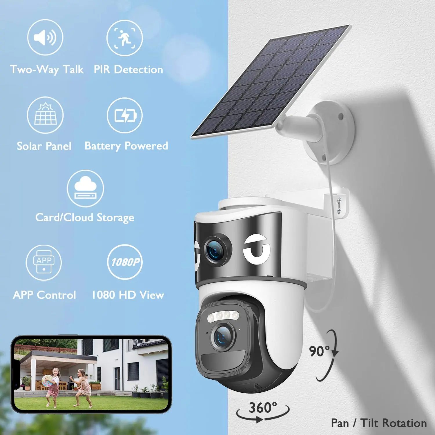 PCGVY 1080P Solar-Powered Outdoor WiFi Surveillance Camera, Dual-Lens PTZ Camera with AI Human Detection, Auto Tracking, Full-Color Night Vision, 2-Way Audio, App Remote Access, 360° View, IP66 Waterproof