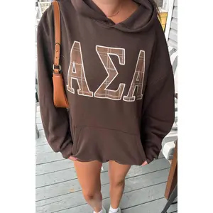 Plaid Letter Sorority Hoodie - Brown Oversized Long Sleeve Casual American Winter Hoodie with Pouch Pocket
