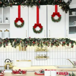 4pcs/6pcs/12pcs Christmas Kitchen Cabinet Mini Wreath Hanging Ornaments with Red Bows and Berries, Mini Christmas Wreath Small Kitchen Christmas Decorations, Artificial Hanging Wreath for Window/Cabinet/Chair/Door/Stairs, Red