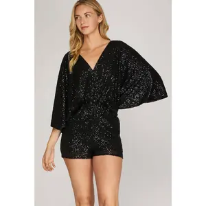 Black Kimono Sleeve Sequin Romper