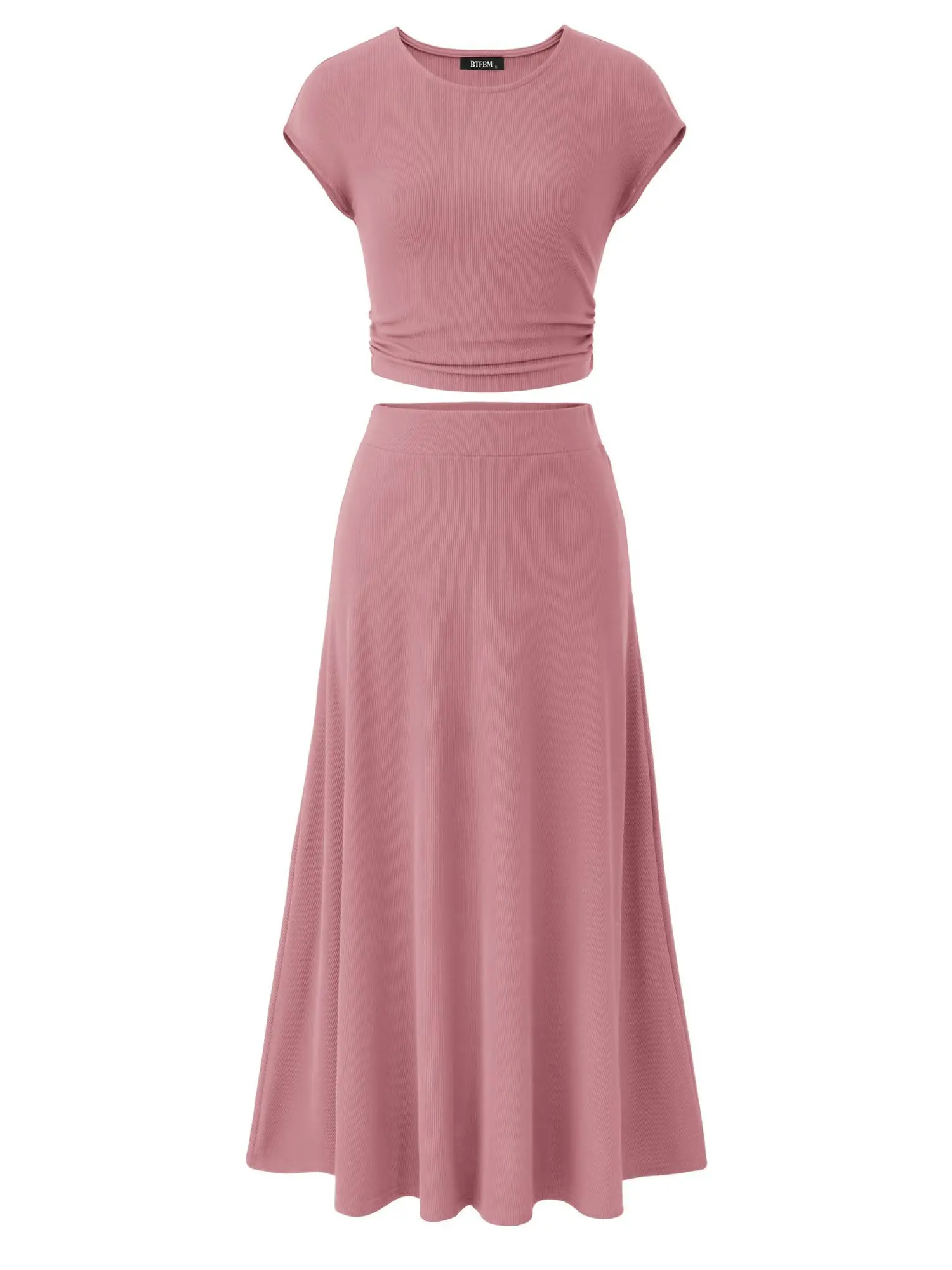 BTFBM Women Two-Piece Skirt Set Summer 2026 Casual Vacation Crew Neck Short Sleeve Cropped Top Elastic Waist Midi Skirts