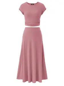 BTFBM Women Two-Piece Skirt Set Summer 2026 Casual Vacation Crew Neck Short Sleeve Cropped Top Elastic Waist Midi Skirts