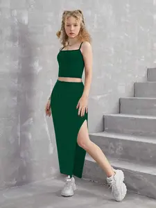 Teen Girls Knitted Solid Color Ribbed Thin Shoulder Top and Side Slit Fitted Long Skirt Set, Casual Wear, 2 Piece